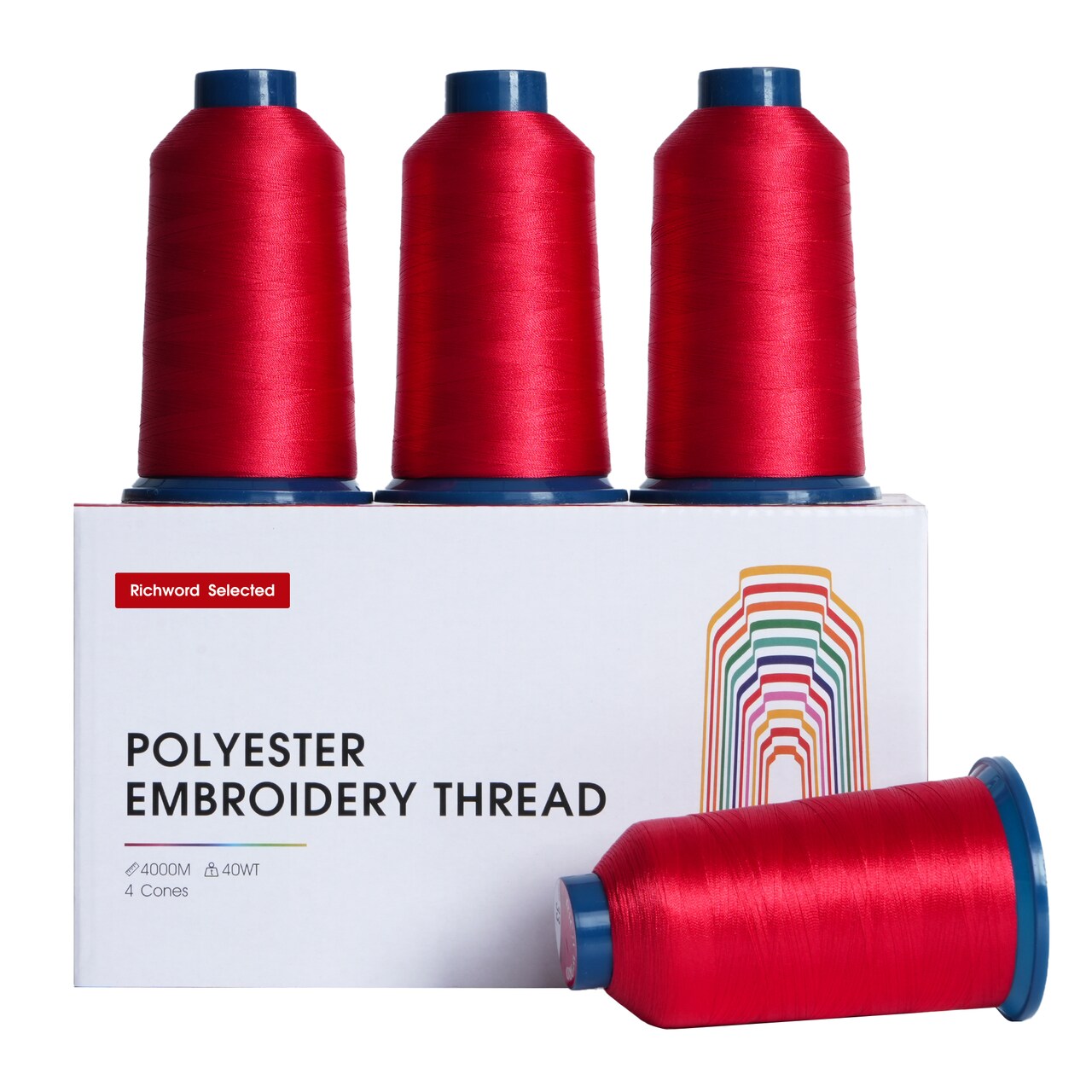 Richword Selected Embroidery Thread Set, 4 Rolls 4000M (4374Y) 40WT Polyester, Black, White, Red, Light Pink & Multi-Color Mix, Huge Spool for Home & Commercial Embroidery Machines